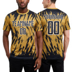 Custom Old Gold Black-White Splatter Torn Sharp Brush Stroke Sublimation Soccer Uniform Jersey worn front and back