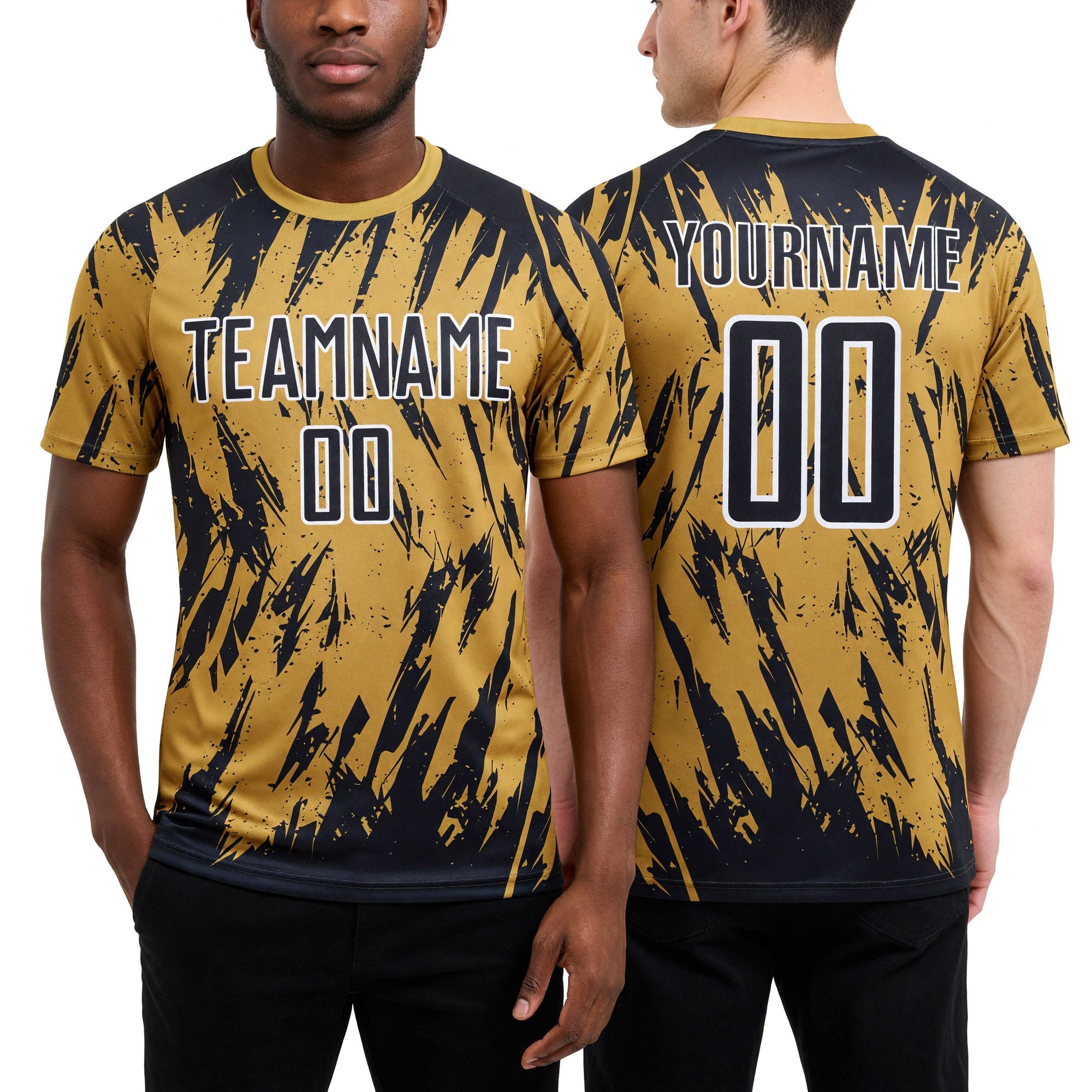 Custom Old Gold Black-White Splatter Torn Sharp Brush Stroke Sublimation Soccer Uniform Jersey worn front and back