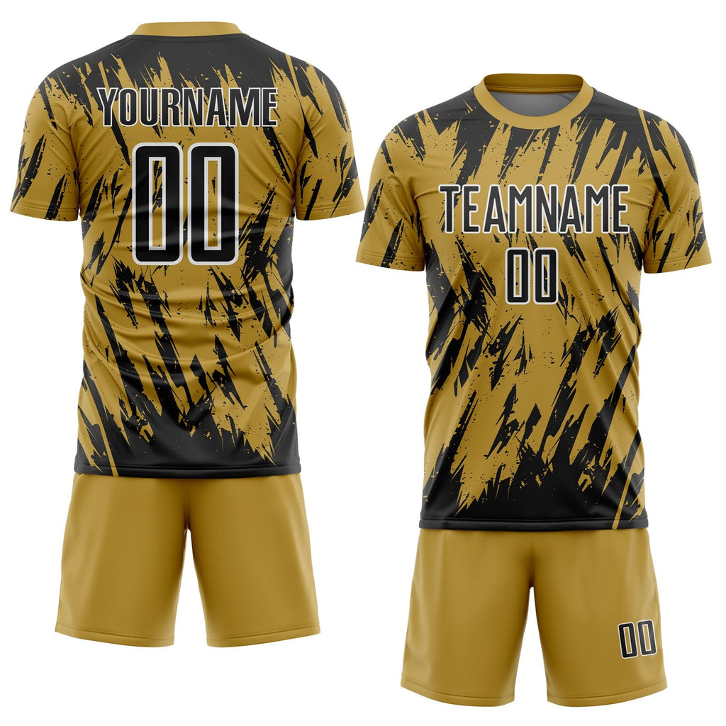 Custom Old Gold Black-White Splatter Torn Sharp Brush Stroke Sublimation Soccer Uniform Jersey photo 2