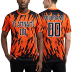Custom Orange Black-White Splatter Torn Sharp Brush Stroke Sublimation Soccer Uniform Jersey worn front and back