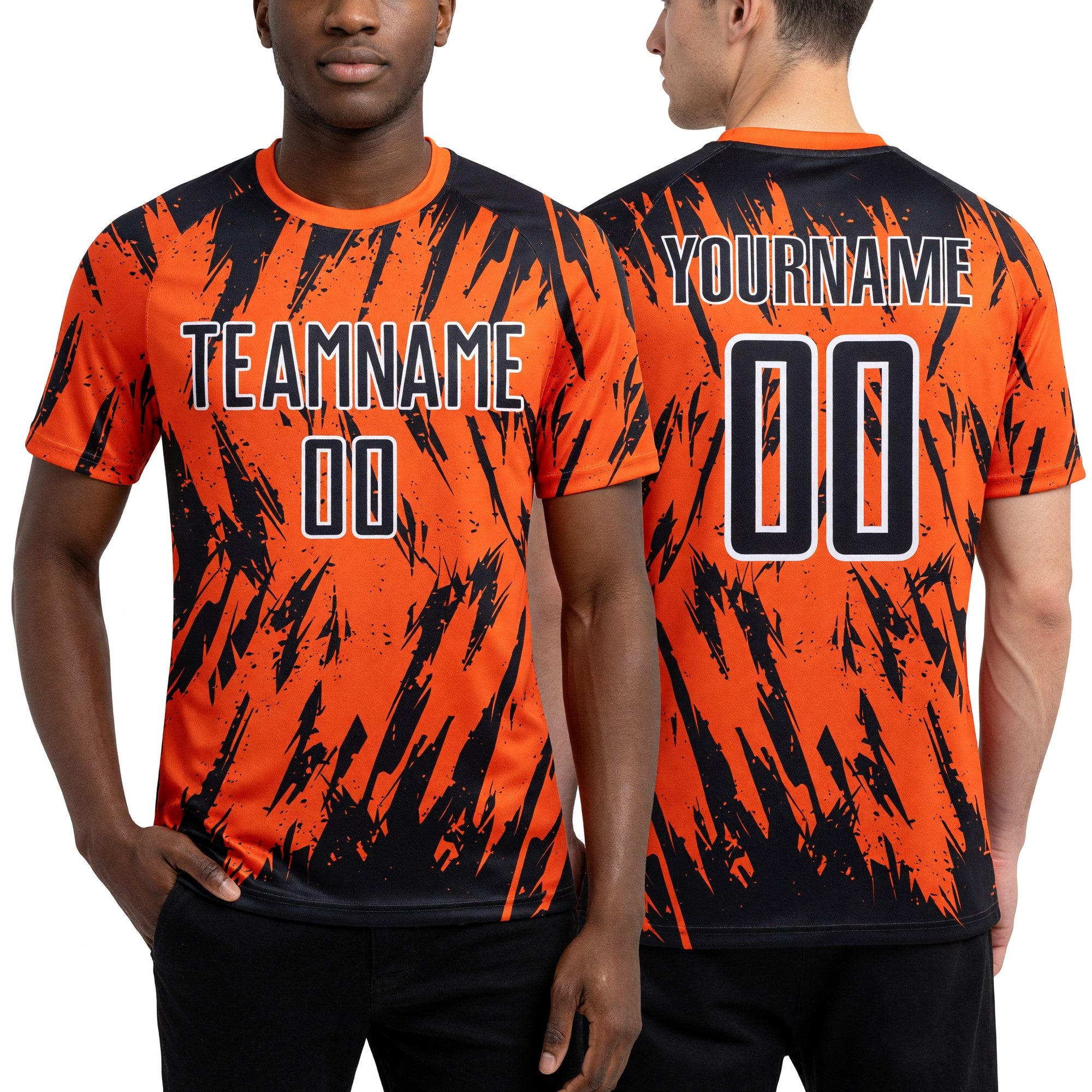 Custom Orange Black-White Splatter Torn Sharp Brush Stroke Sublimation Soccer Uniform Jersey worn front and back