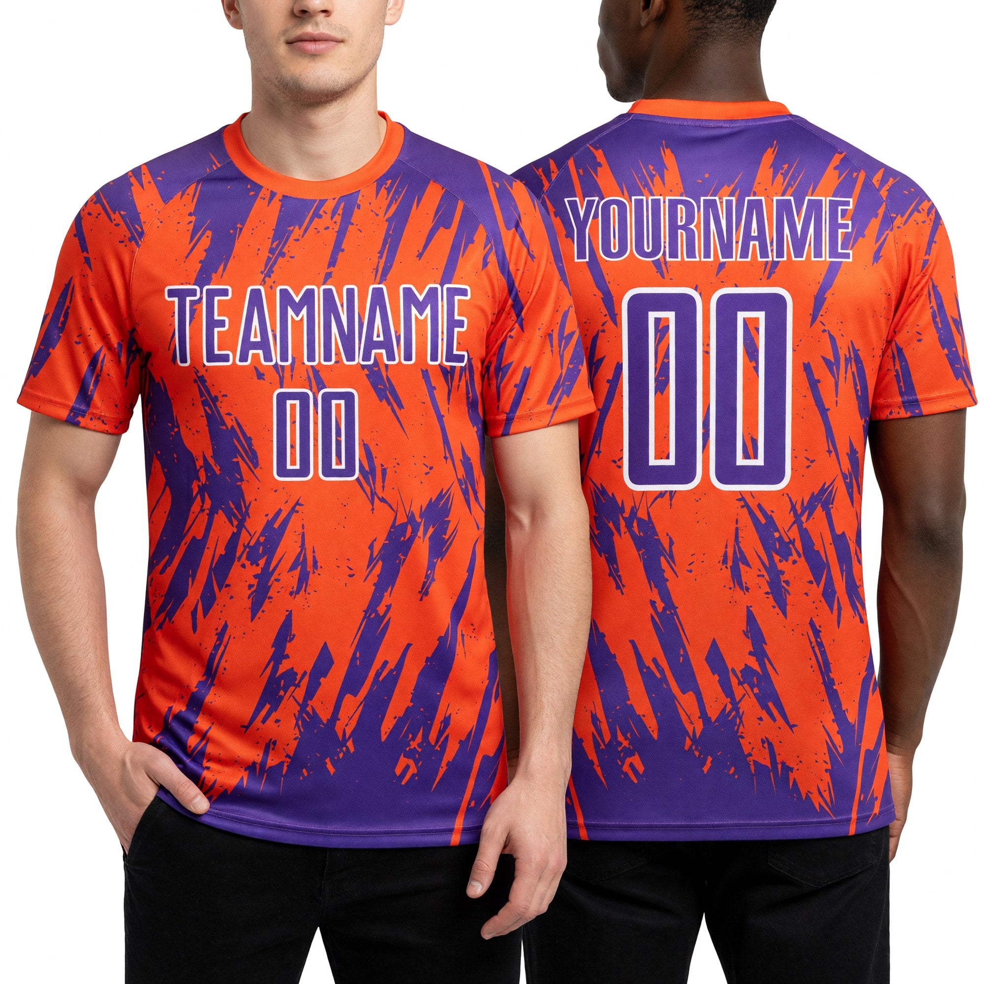 Custom Orange Purple-White Splatter Torn Sharp Brush Stroke Sublimation Soccer Uniform Jersey worn front and back