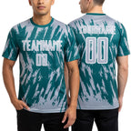 Custom Teal Gray-White Splatter Torn Sharp Brush Stroke Sublimation Soccer Uniform Jersey worn front and back