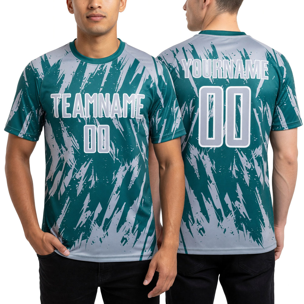 Custom Teal Gray-White Splatter Torn Sharp Brush Stroke Sublimation Soccer Uniform Jersey worn front and back