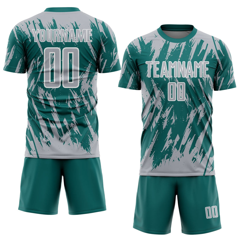 Custom Teal Gray-White Splatter Torn Sharp Brush Stroke Sublimation Soccer Uniform Jersey photo 2