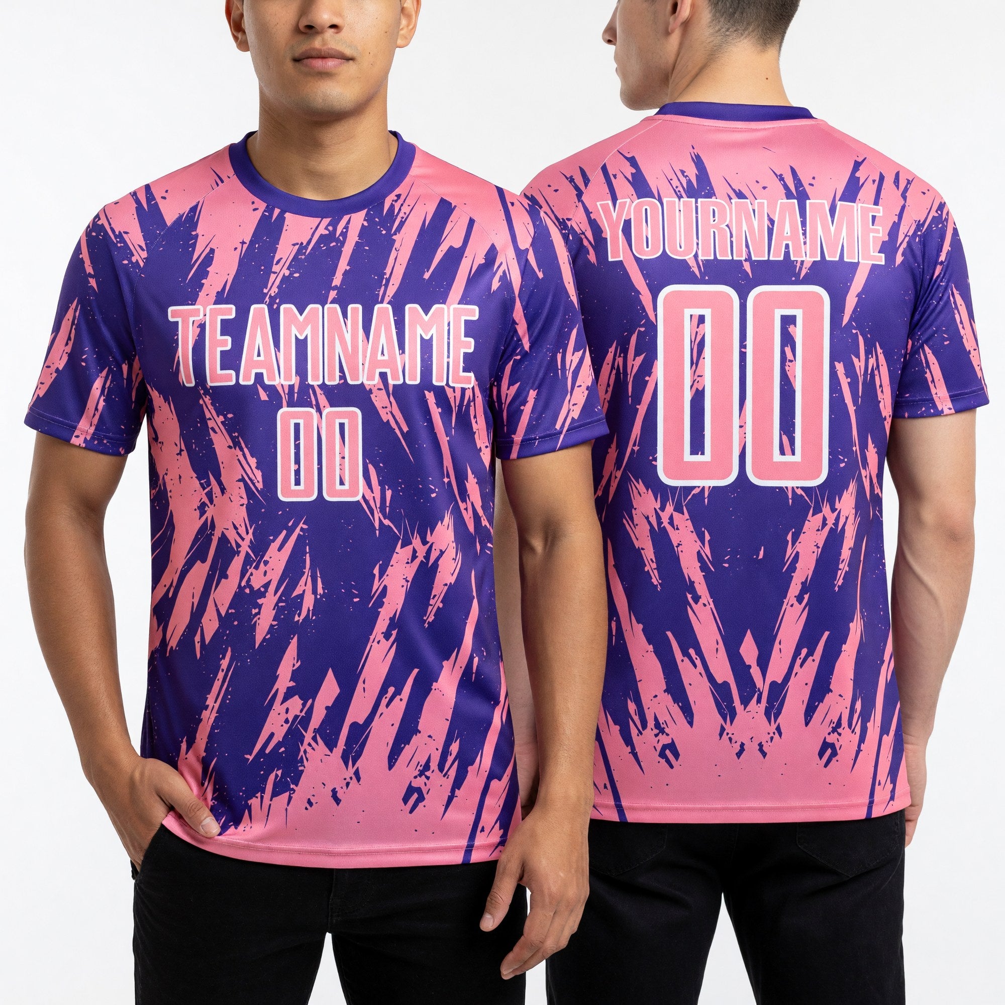 Custom Purple Medium Pink-White Splatter Torn Sharp Brush Stroke Sublimation Soccer Uniform Jersey worn front and back