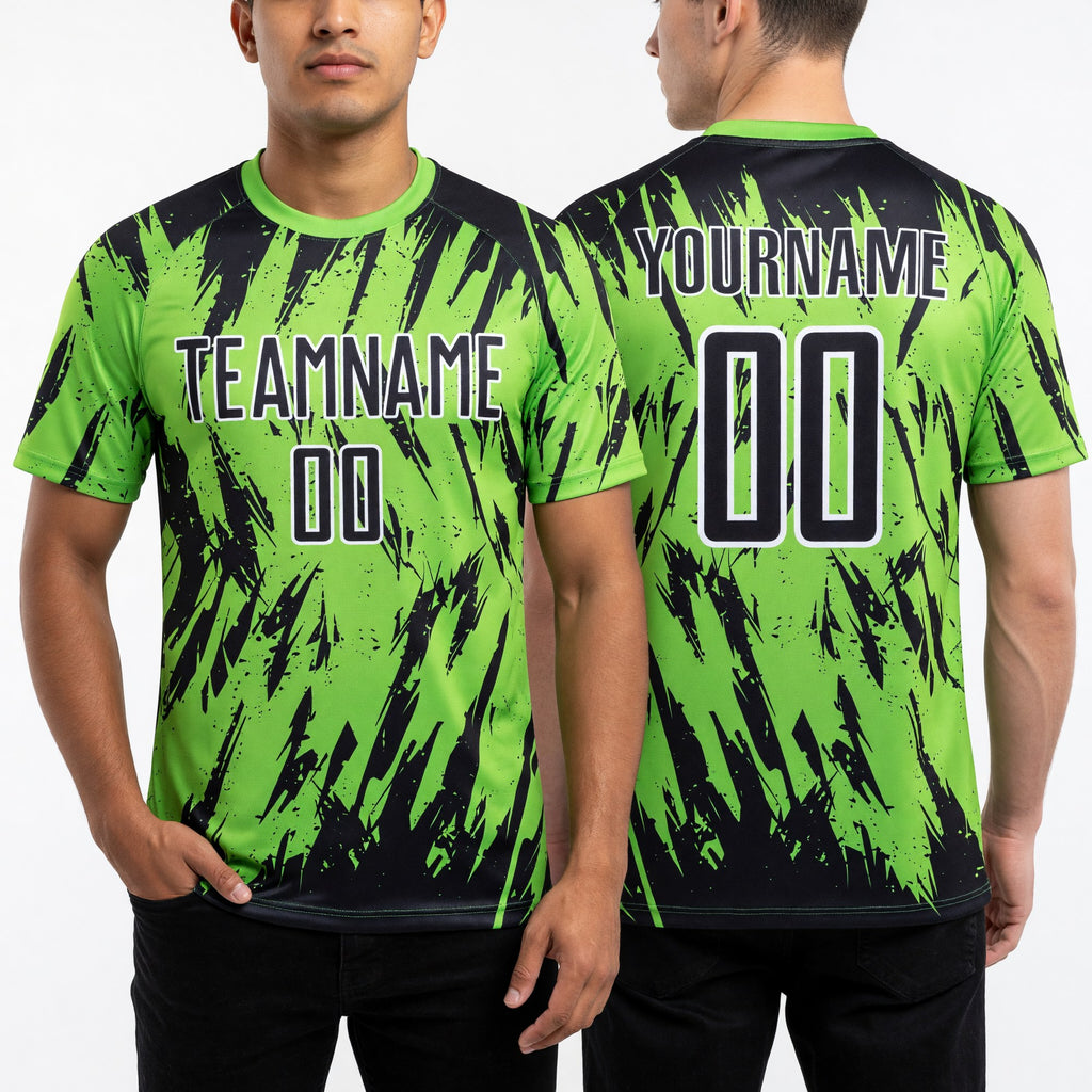 Custom Neon Green Black-White Splatter Torn Sharp Brush Stroke Sublimation Soccer Uniform Jersey worn front and back