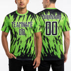 Custom Neon Green Black-White Splatter Torn Sharp Brush Stroke Sublimation Soccer Uniform Jersey worn front and back