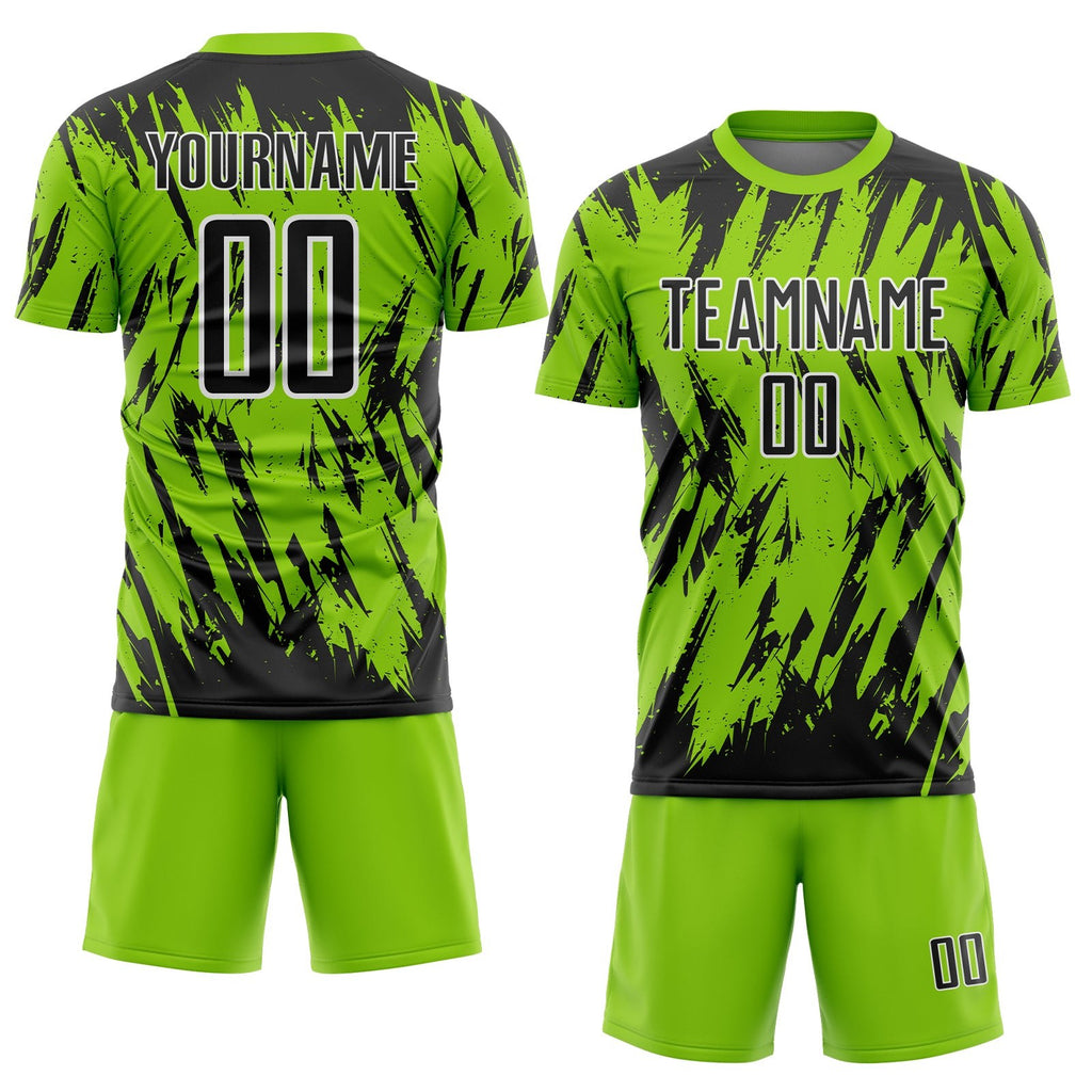 Custom Neon Green Black-White Splatter Torn Sharp Brush Stroke Sublimation Soccer Uniform Jersey photo 2