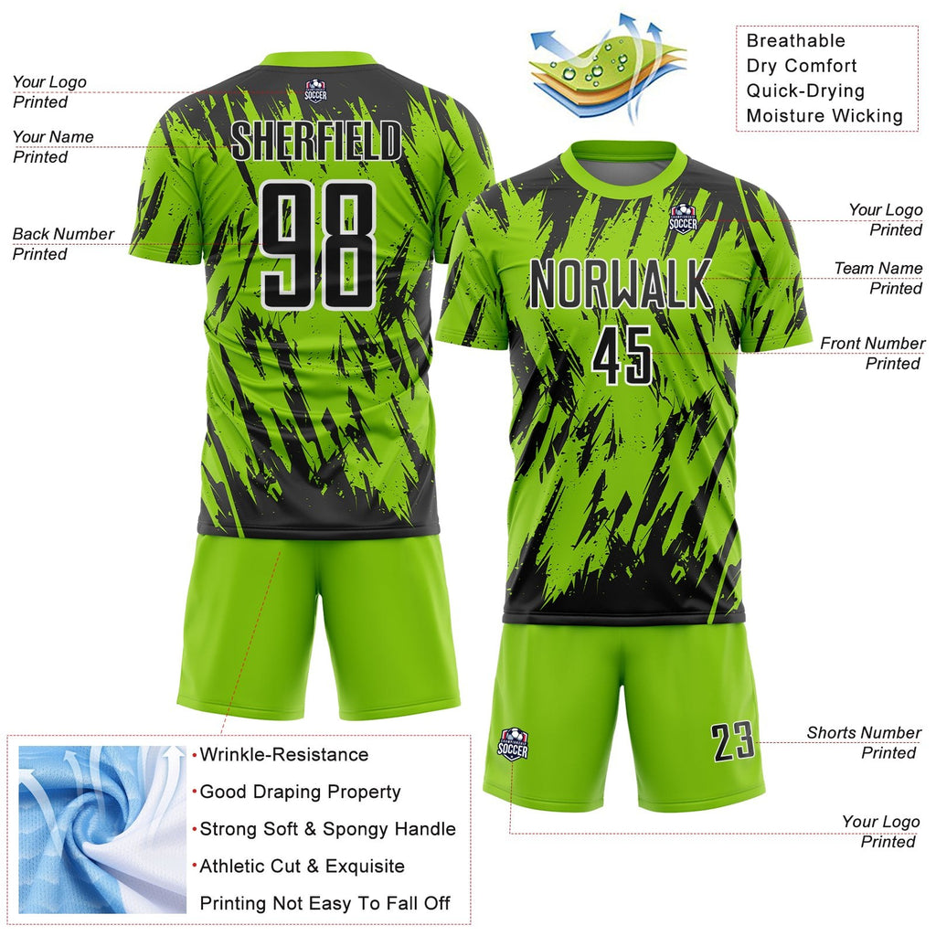 Custom Neon Green Black-White Splatter Torn Sharp Brush Stroke Sublimation Soccer Uniform Jersey photo 4
