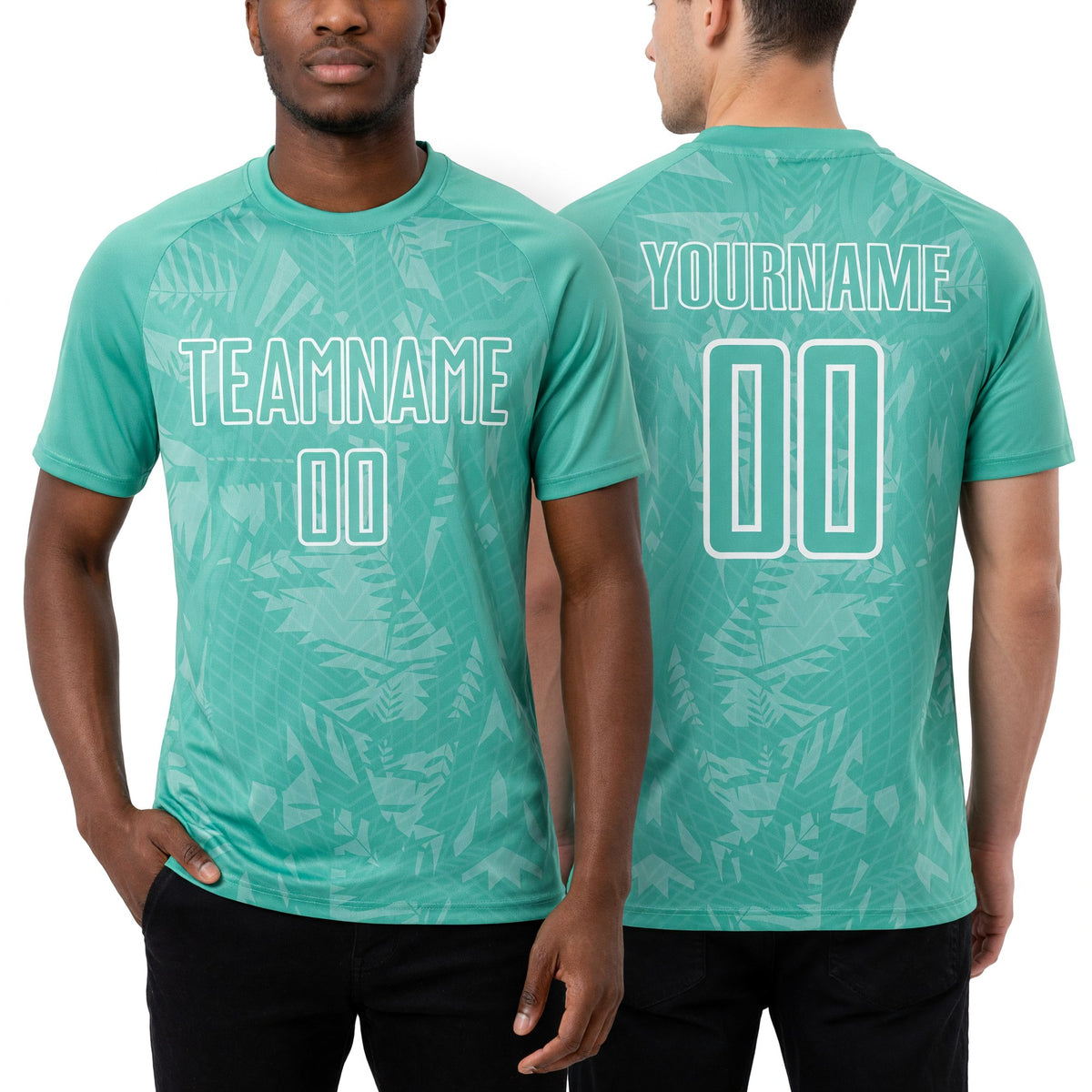 Custom Ice Blue White Brasil Geometric Tropical Rainforest Sublimation Soccer Uniform Jersey worn front and back