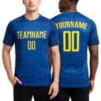 Custom Blue Light Yellow Brasil Digital Geometric Grid Sublimation Soccer Uniform Jersey worn front and back