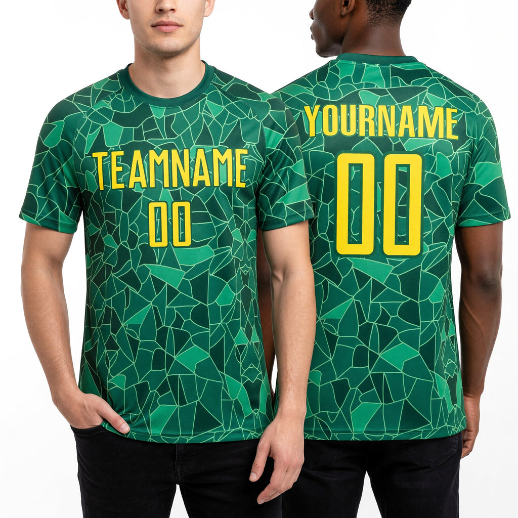 Custom Green Light Yellow Brasil Geometric Fragment Sublimation Soccer Uniform Jersey worn front and back