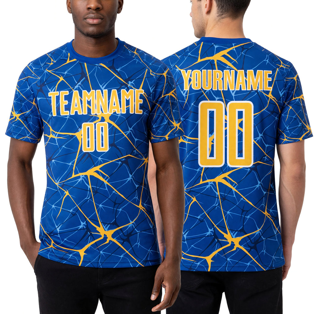 Custom Thunder Blue Yellow-White Abstract Network Crackle Sublimation Soccer Uniform Jersey worn front and back