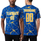 Custom Thunder Blue Yellow-White Abstract Network Crackle Sublimation Soccer Uniform Jersey worn front and back