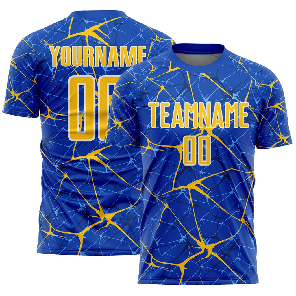 Custom Thunder Blue Yellow-White Abstract Network Crackle Sublimation Soccer Uniform Jersey