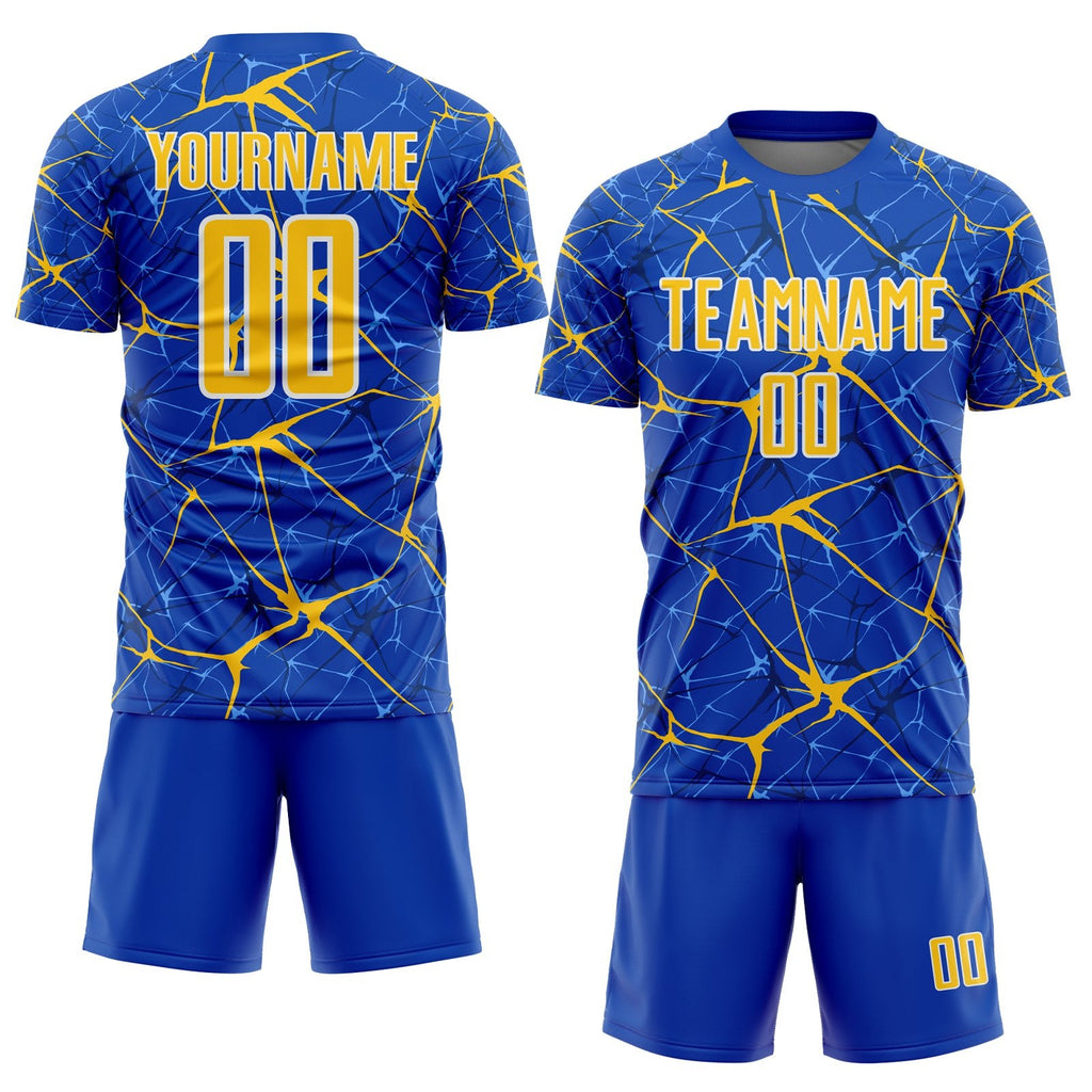 Custom Thunder Blue Yellow-White Abstract Network Crackle Sublimation Soccer Uniform Jersey photo 2