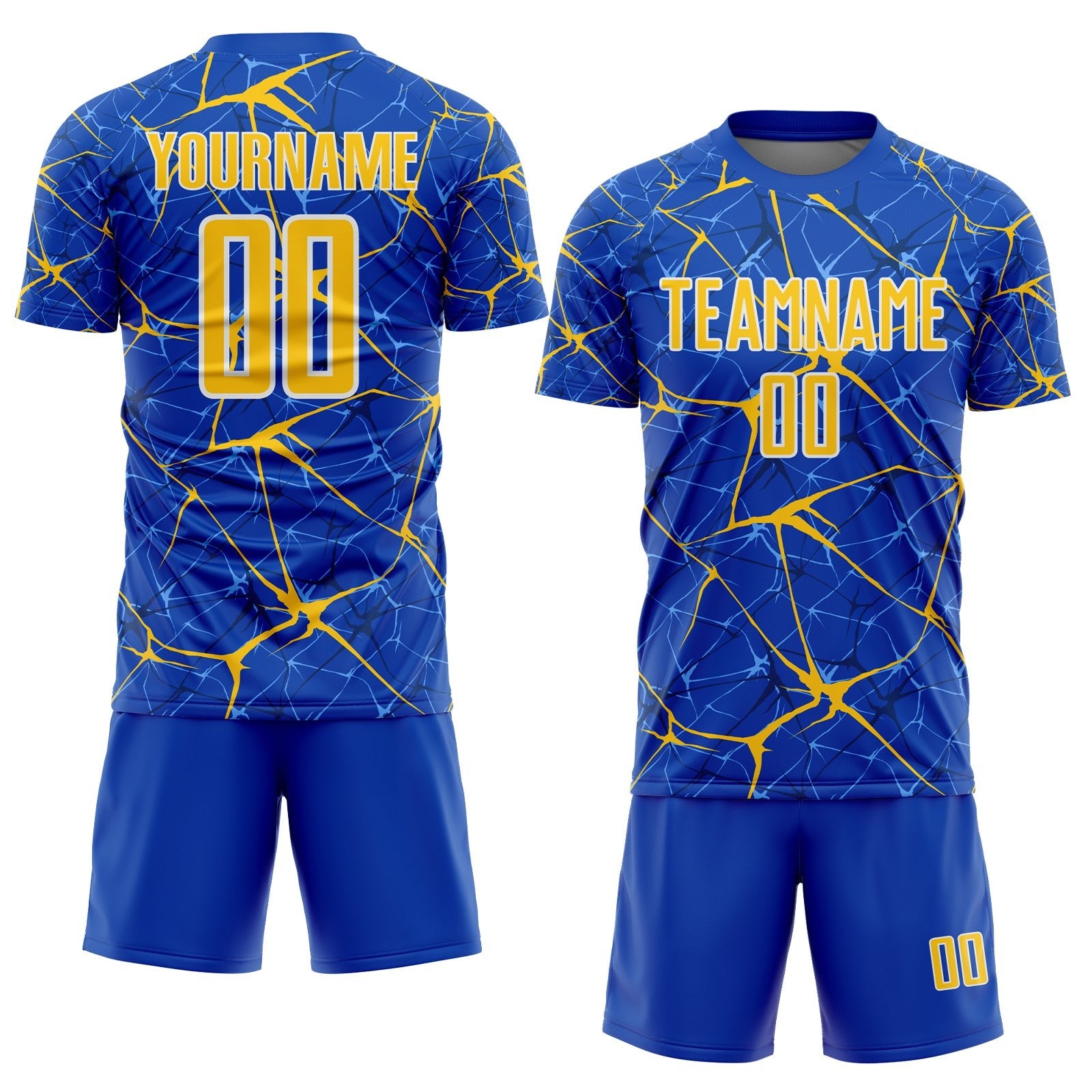 Custom Thunder Blue Yellow-White Abstract Network Crackle Sublimation Soccer Uniform Jersey photo 2