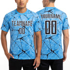Custom Light Blue Black-White Abstract Network Crackle Sublimation Soccer Uniform Jersey worn front and back