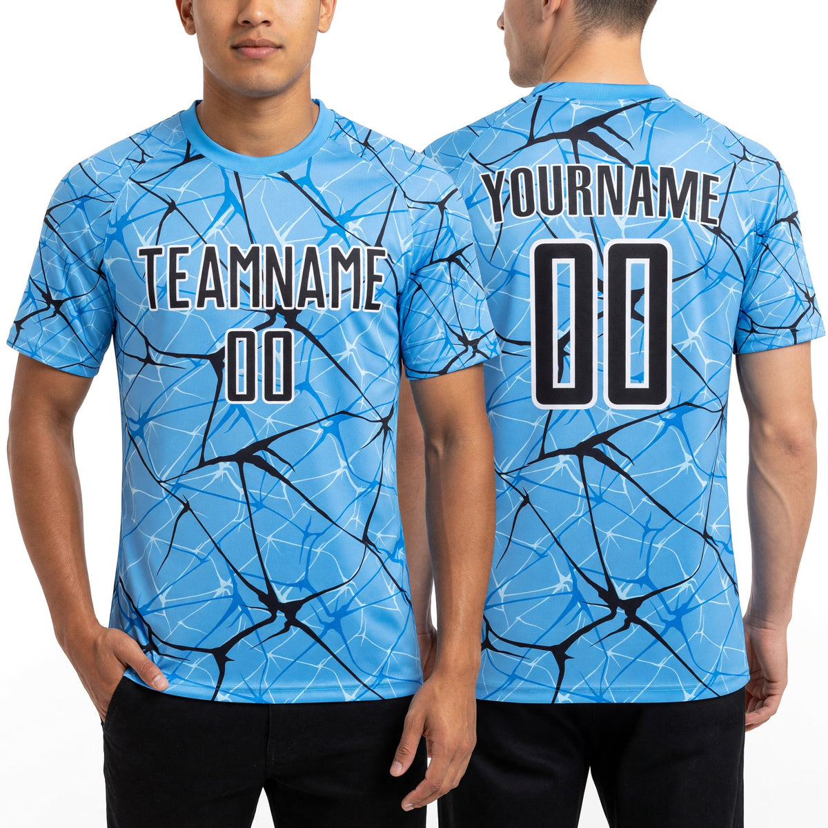 Custom Light Blue Black-White Abstract Network Crackle Sublimation Soccer Uniform Jersey worn front and back