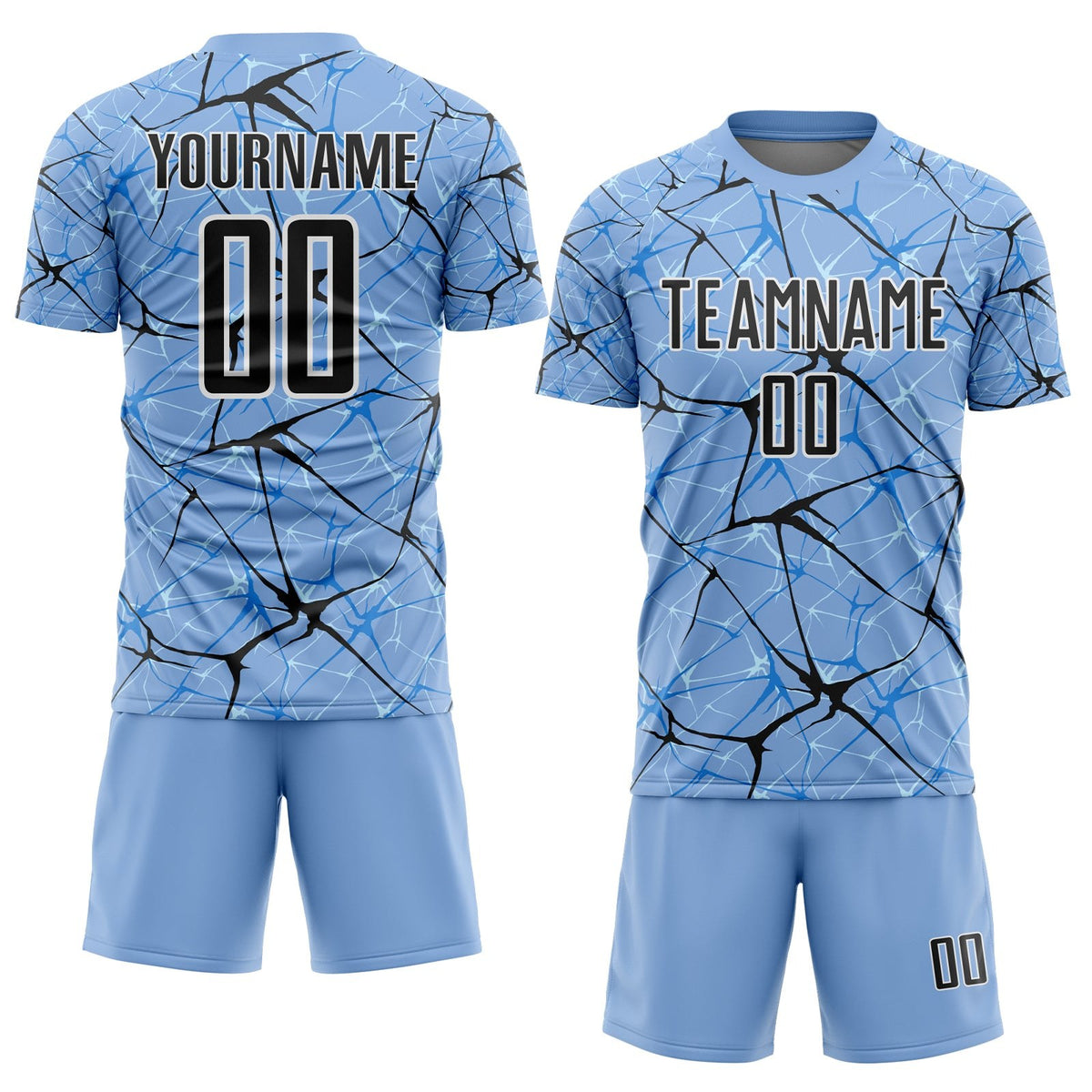 Custom Light Blue Black-White Abstract Network Crackle Sublimation Soccer Uniform Jersey photo 2