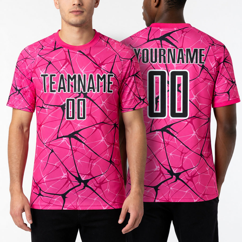 Custom Pink Black-White Abstract Network Crackle Sublimation Soccer Uniform Jersey worn front and back