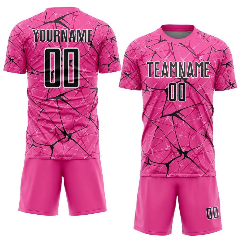 Custom Pink Black-White Abstract Network Crackle Sublimation Soccer Uniform Jersey photo 2