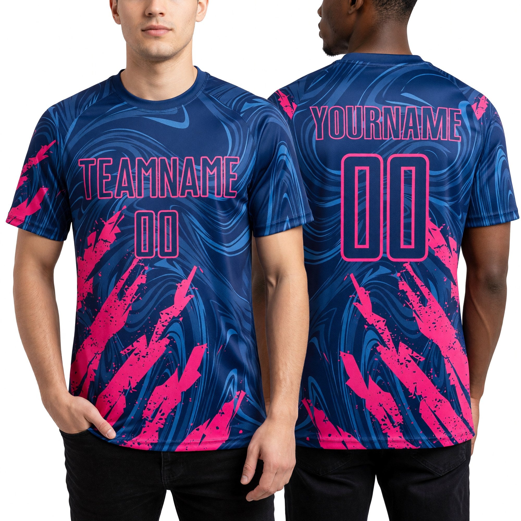 Custom Royal-Pink Brush Stroke Splatter Liquid Swirl Sublimation Soccer Uniform Jersey worn front and back