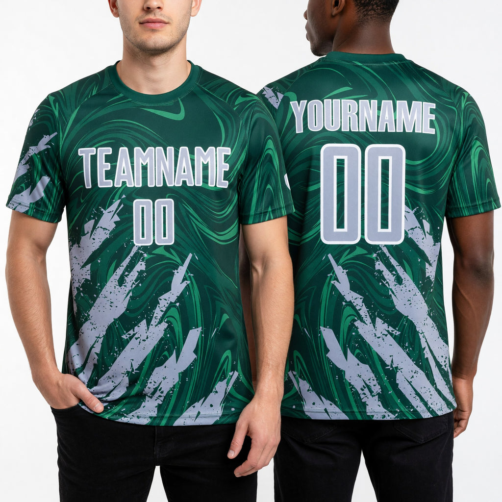 Custom Green Gray-White Brush Stroke Splatter Liquid Swirl Sublimation Soccer Uniform Jersey worn front and back