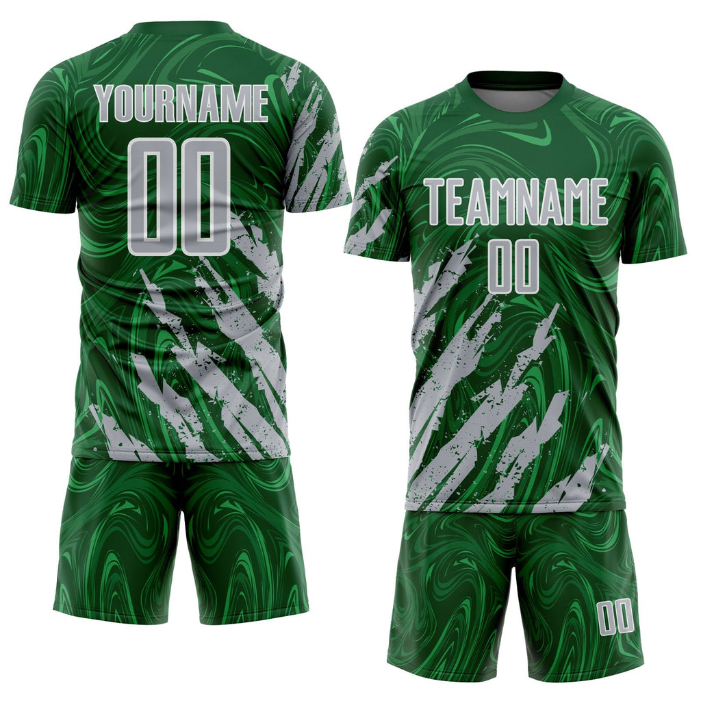 Custom Green Gray-White Brush Stroke Splatter Liquid Swirl Sublimation Soccer Uniform Jersey photo 2