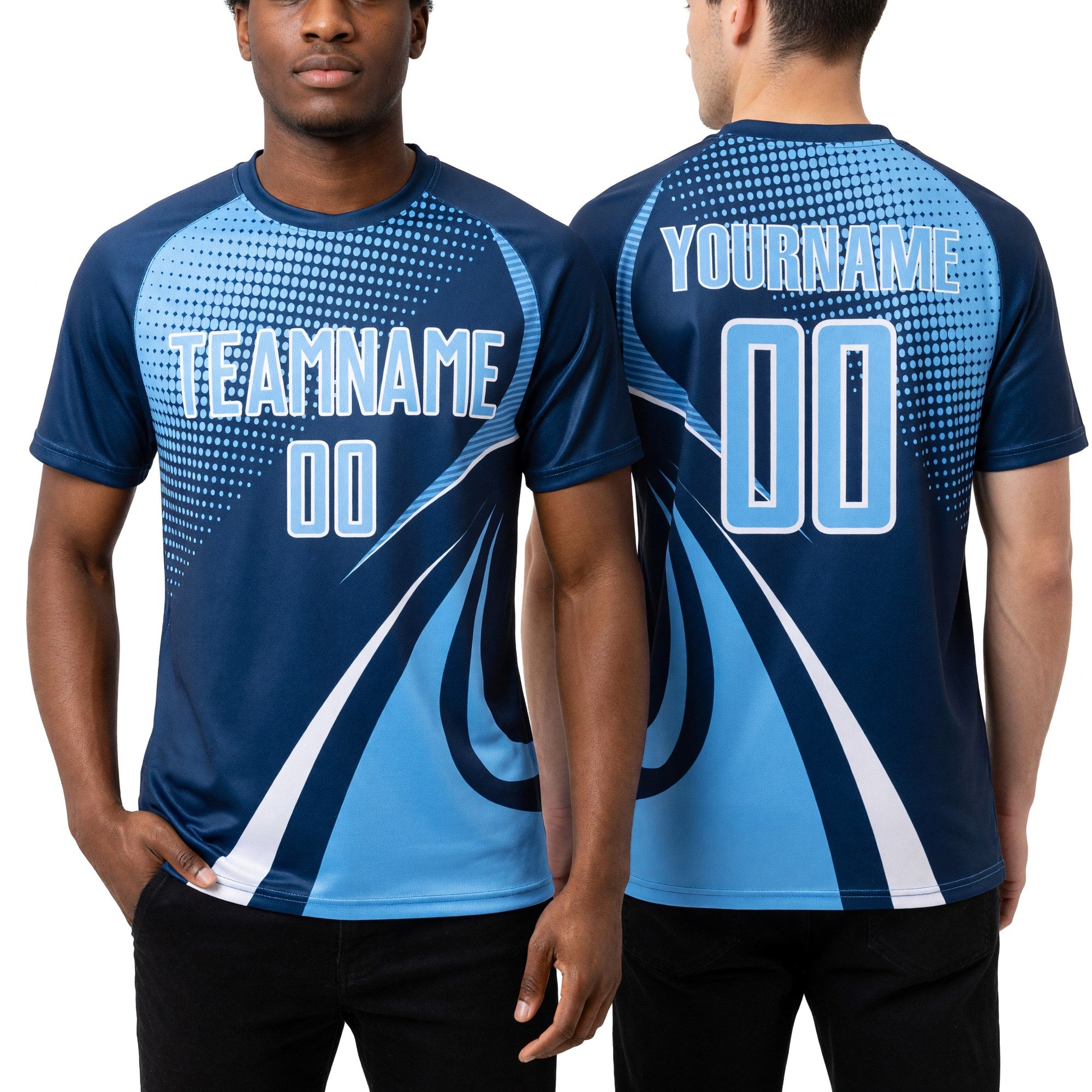 Custom Navy Light Blue-White Halftone Dot Dynamic Curve Stripe Sublimation Soccer Uniform Jersey worn front and back