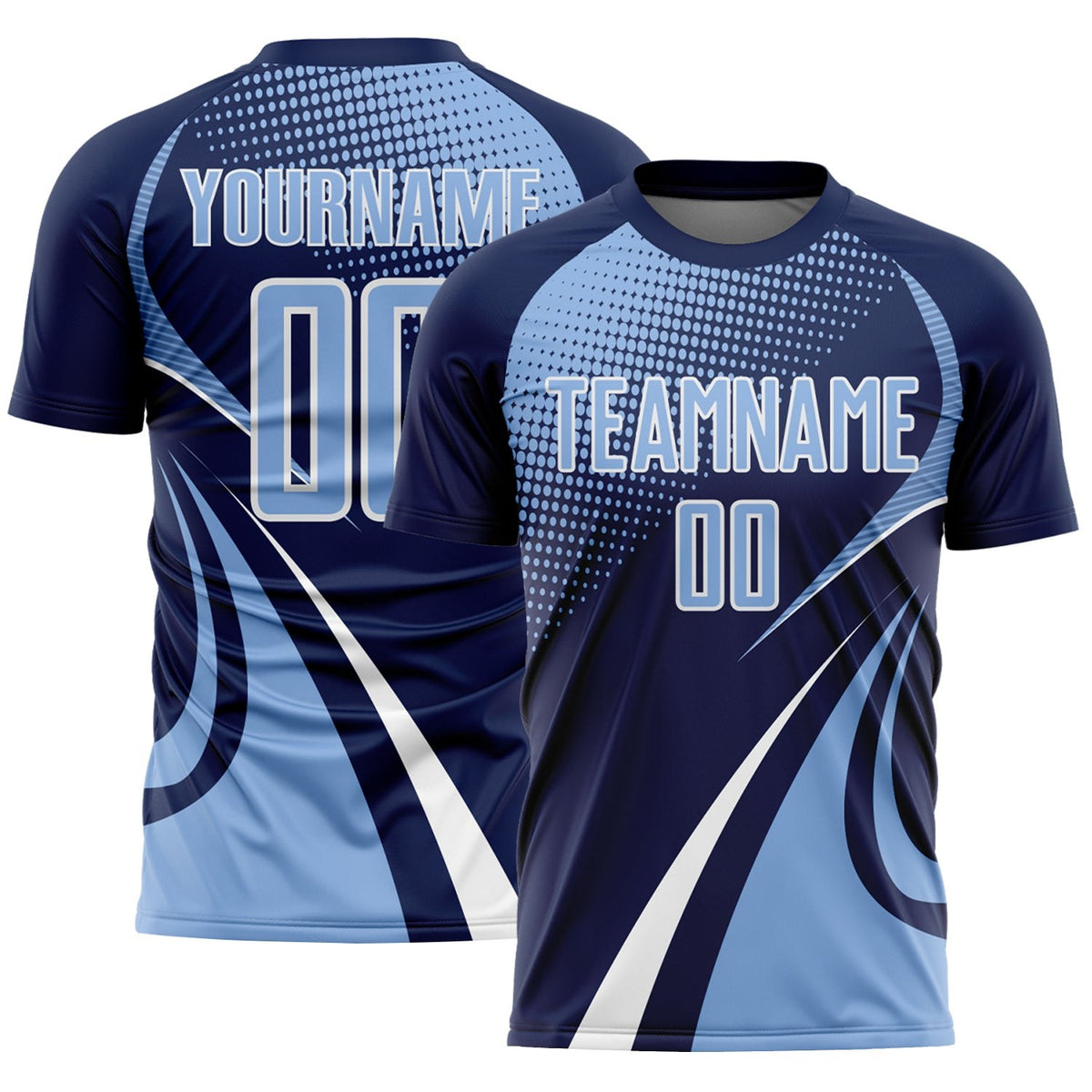 Custom Navy Light Blue-White Halftone Dot Dynamic Curve Stripe Sublimation Soccer Uniform Jersey
