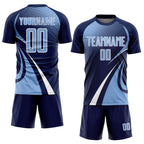 Custom Navy Light Blue-White Halftone Dot Dynamic Curve Stripe Sublimation Soccer Uniform Jersey photo 2