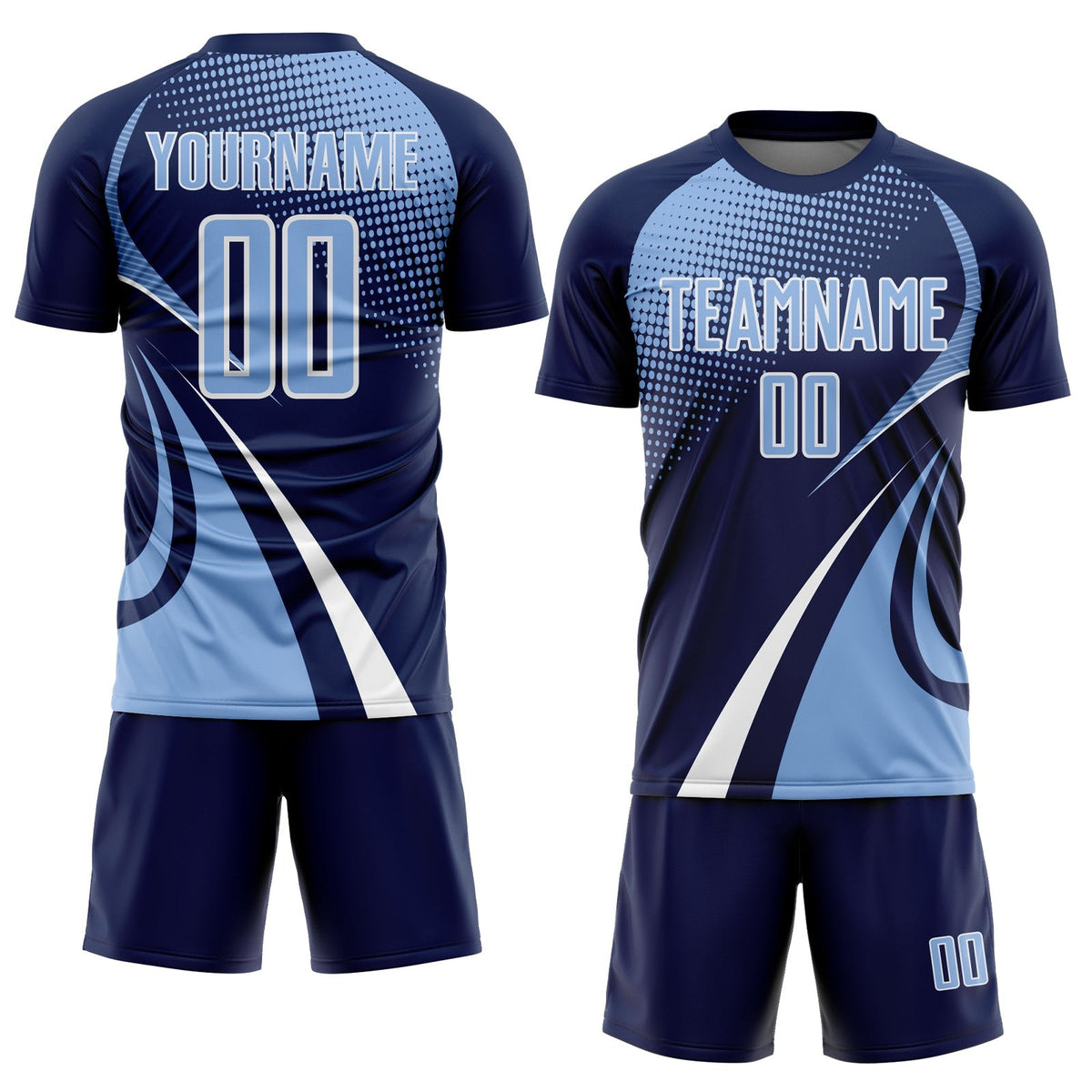 Custom Navy Light Blue-White Halftone Dot Dynamic Curve Stripe Sublimation Soccer Uniform Jersey photo 2