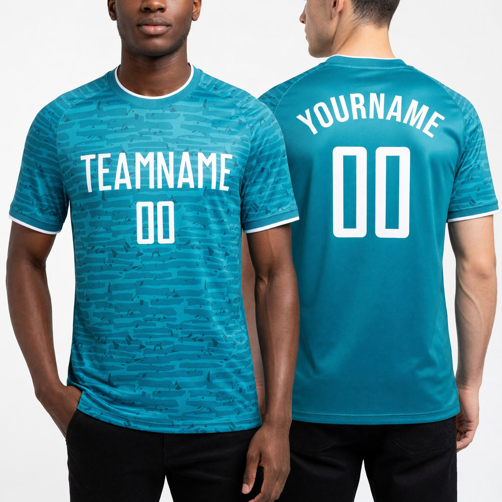 Custom Teal-White Distressed Fragment Brush Stroke Sublimation Soccer Uniform Jersey worn front and back