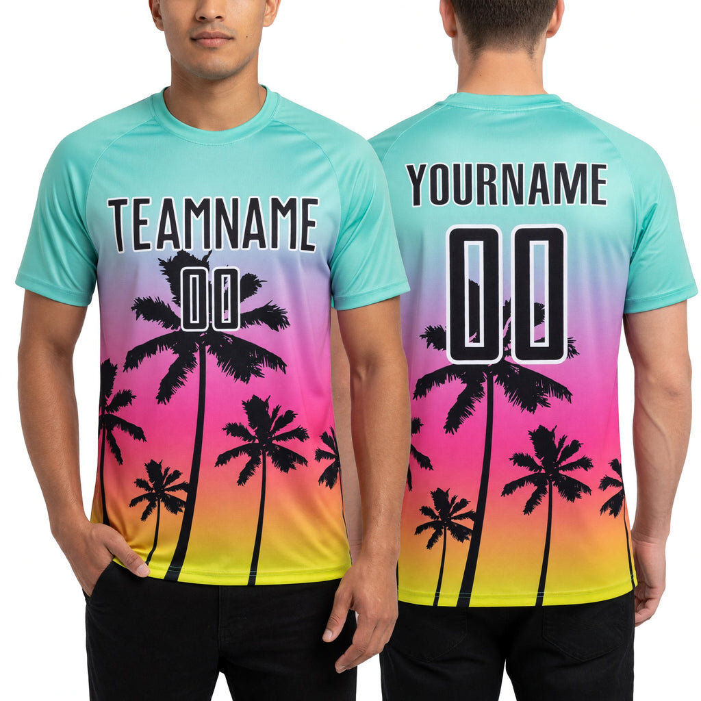 Custom Ice Blue Black Pink Neon Yellow-White Tropical Hawaii Palm Trees Gradient Sublimation Soccer Uniform Jersey worn front and back