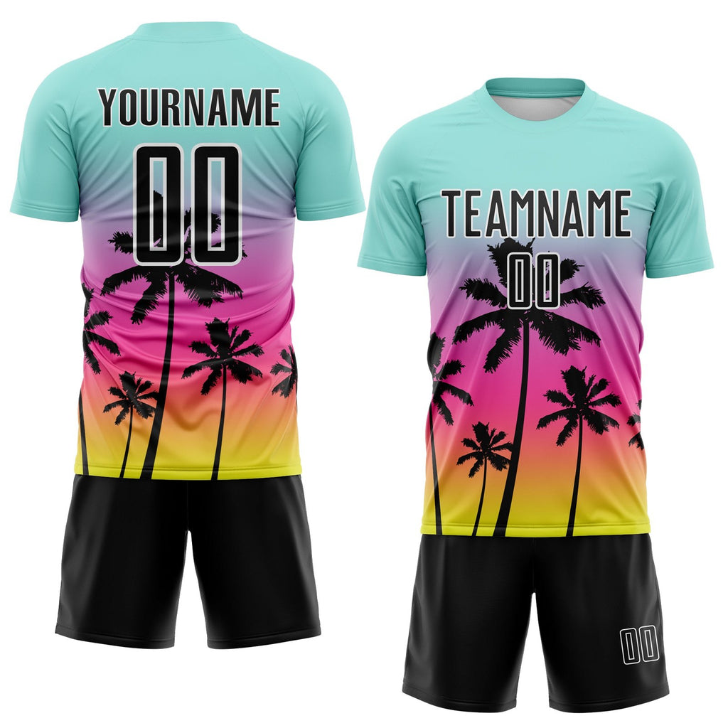 Custom Ice Blue Black Pink Neon Yellow-White Tropical Hawaii Palm Trees Gradient Sublimation Soccer Uniform Jersey photo 2