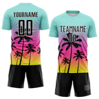 Custom Ice Blue Black Pink Neon Yellow-White Tropical Hawaii Palm Trees Gradient Sublimation Soccer Uniform Jersey photo 2
