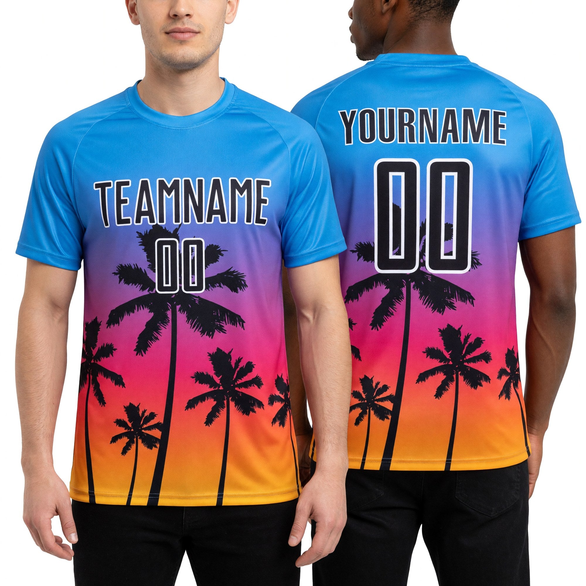 Custom Powder Blue Black Neon Pink Gold-White Tropical Hawaii Palm Trees Gradient Sublimation Soccer Uniform Jersey worn front and back