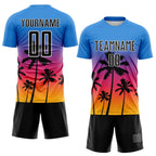 Custom Powder Blue Black Neon Pink Gold-White Tropical Hawaii Palm Trees Gradient Sublimation Soccer Uniform Jersey photo 2