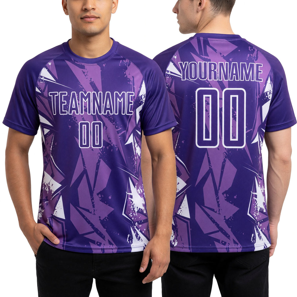Custom Purple-White Geometric Shard Grunge Splash Sublimation Soccer Uniform Jersey worn front and back