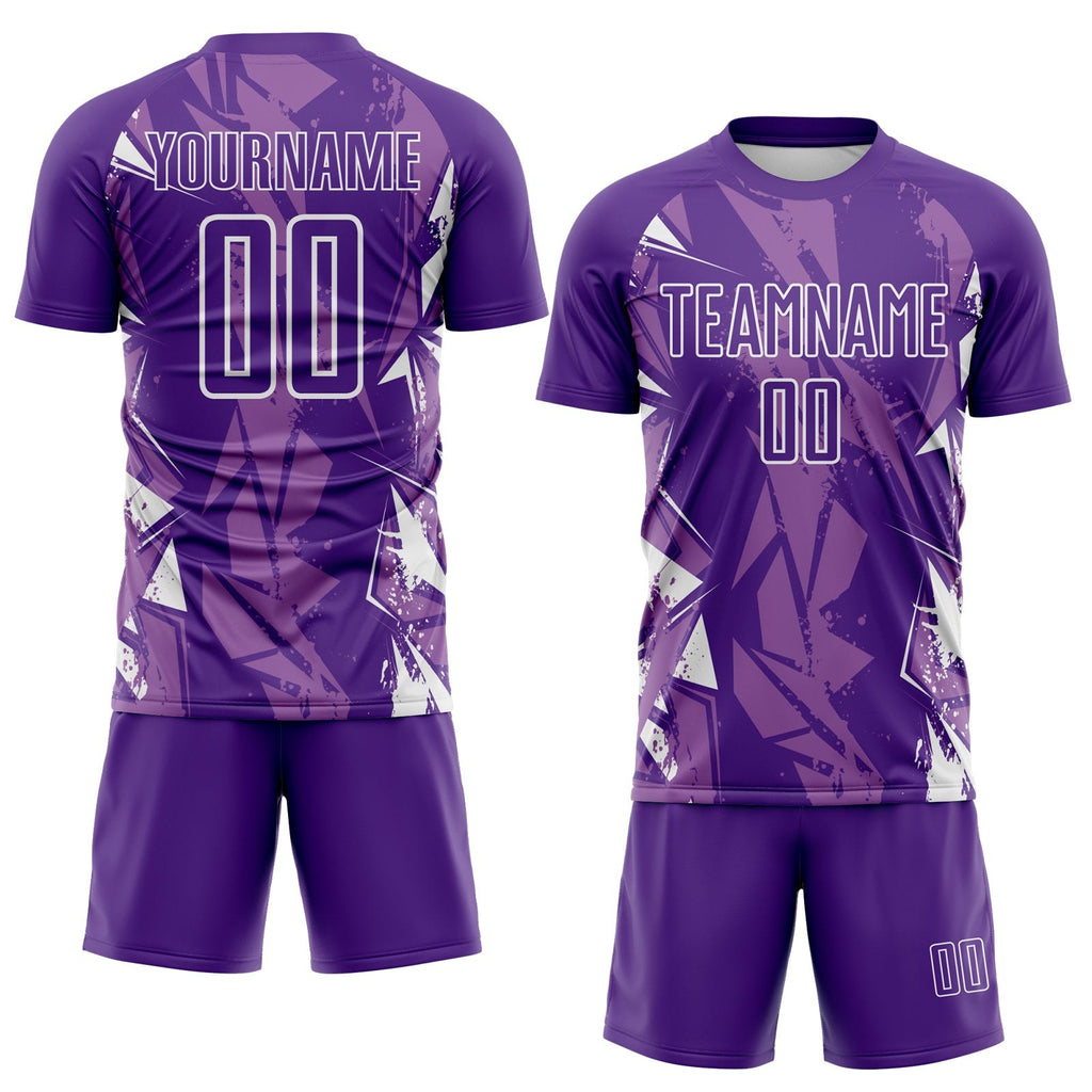 Custom Purple-White Geometric Shard Grunge Splash Sublimation Soccer Uniform Jersey photo 2