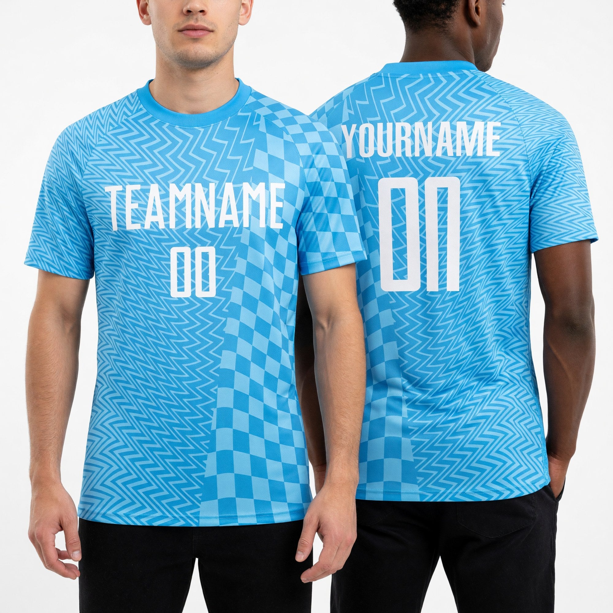 Custom Sky Blue-White Geometric Patchwork Asymmetry Checkered Zigzag Lines Sublimation Soccer Uniform Jersey worn front and back