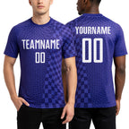 Custom Dark Purple-White Geometric Patchwork Asymmetry Checkered Zigzag Lines Sublimation Soccer Uniform Jersey worn front and back