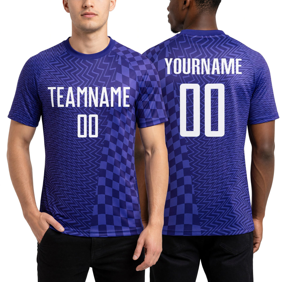 Custom Dark Purple-White Geometric Patchwork Asymmetry Checkered Zigzag Lines Sublimation Soccer Uniform Jersey worn front and back