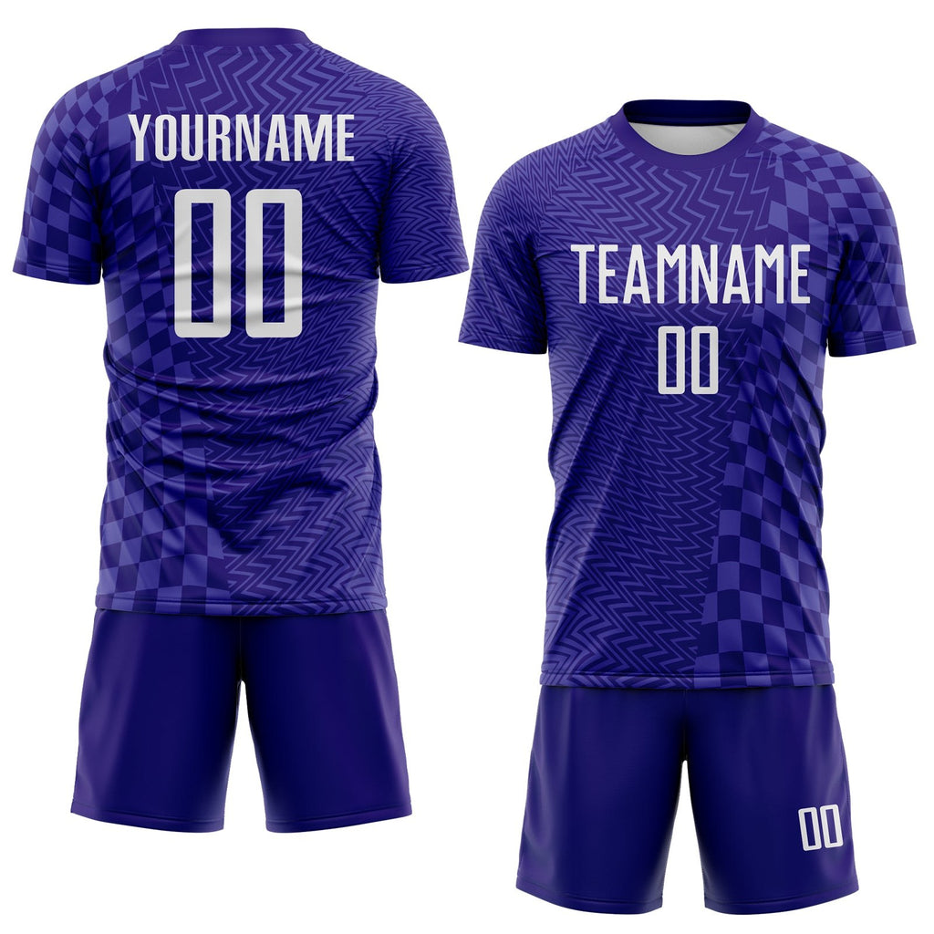 Custom Dark Purple-White Geometric Patchwork Asymmetry Checkered Zigzag Lines Sublimation Soccer Uniform Jersey photo 2