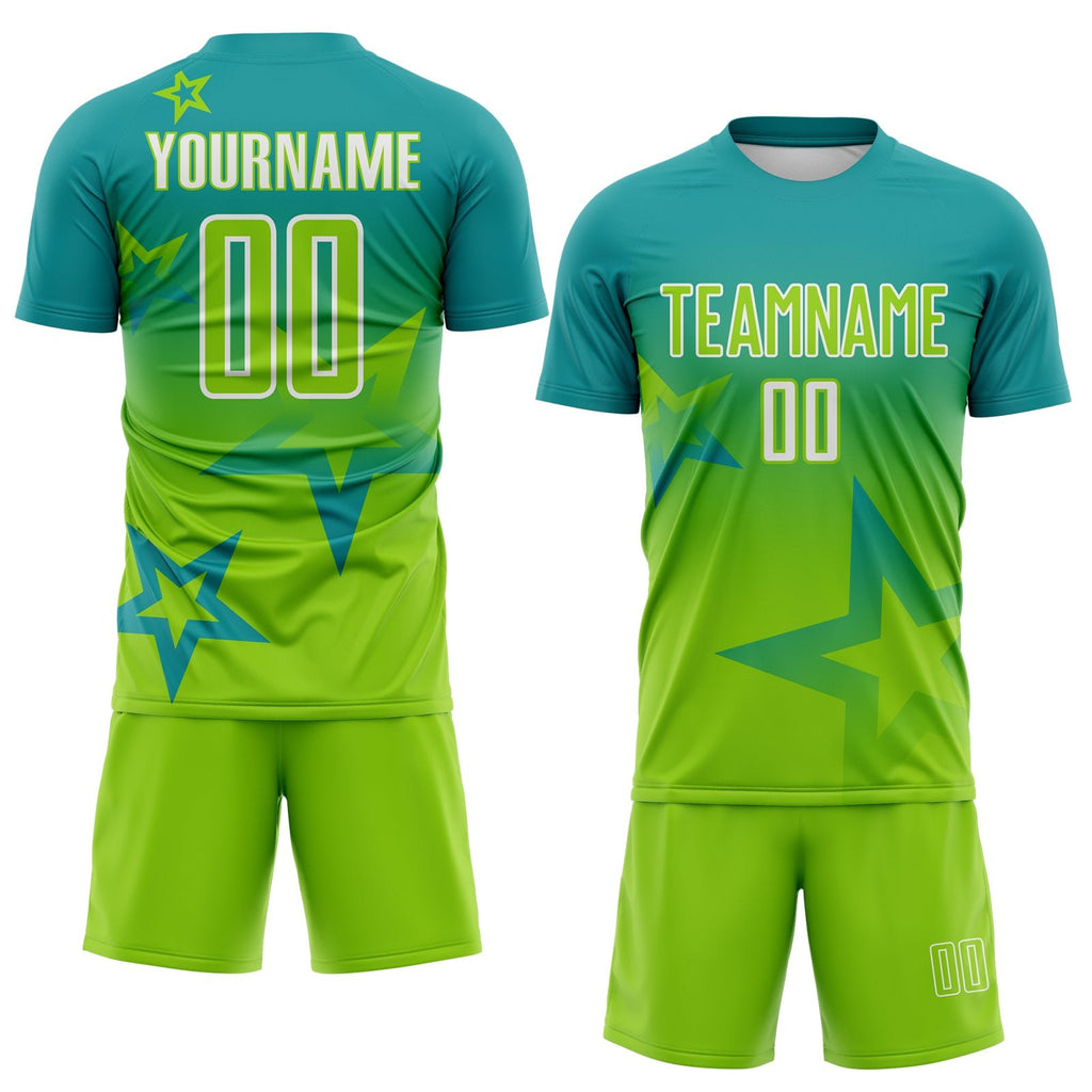 Custom Teal Neon Green-White Gradient Style Twinkle Star Sublimation Soccer Uniform Jersey photo 2