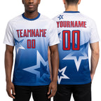Custom White Red-Royal Gradient Style Twinkle Star Sublimation Soccer Uniform Jersey worn front and back