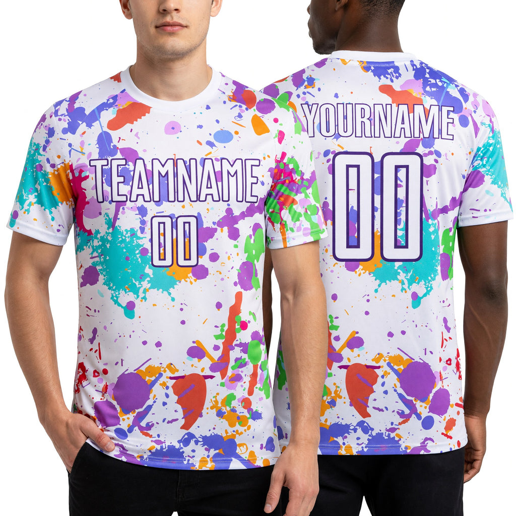 Custom Graffiti Pattern White-Purple Paint Splatter Sublimation Soccer Uniform Jersey worn front and back