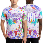 Custom Graffiti Pattern White-Purple Paint Splatter Sublimation Soccer Uniform Jersey worn front and back